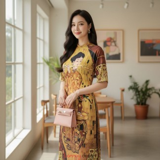 Áo dài nữ xuông mini, vải gấm in vàng đồng